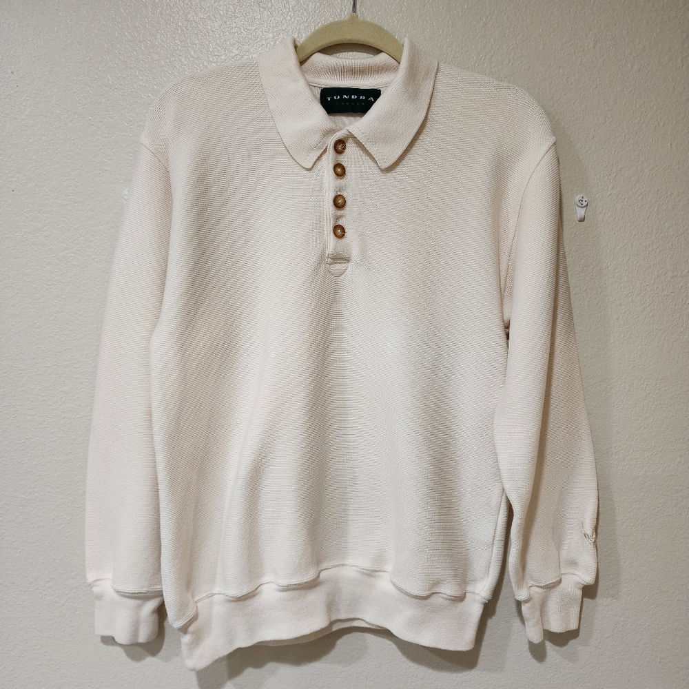 Tundra Canada Cream Knit Polo Sweater Vintage Classic Casual Long Sleeve Size M